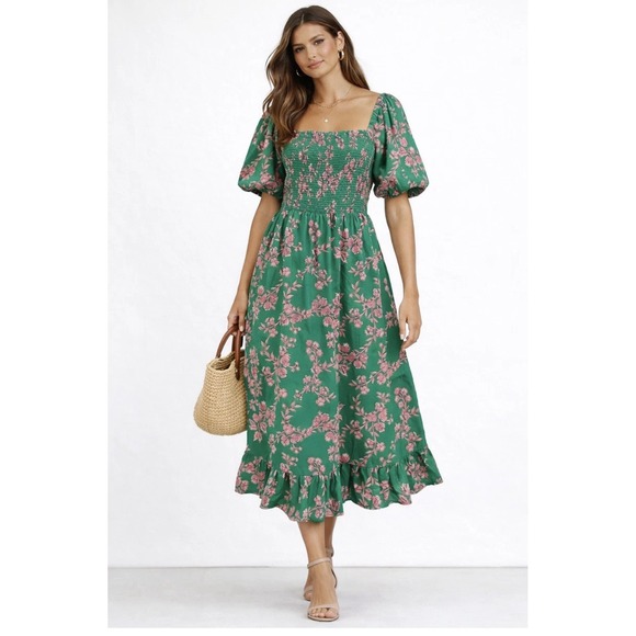 J.CREW Dresses & Skirts - J. Crew Floral Smocked Midi Dress Green & Pink Puff Sleeve Cottagecore Boho